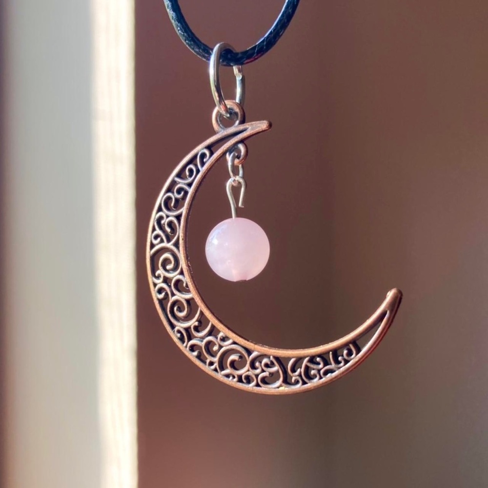 Crescent moon copper crescent rose quartz crystal ball black cord necklace